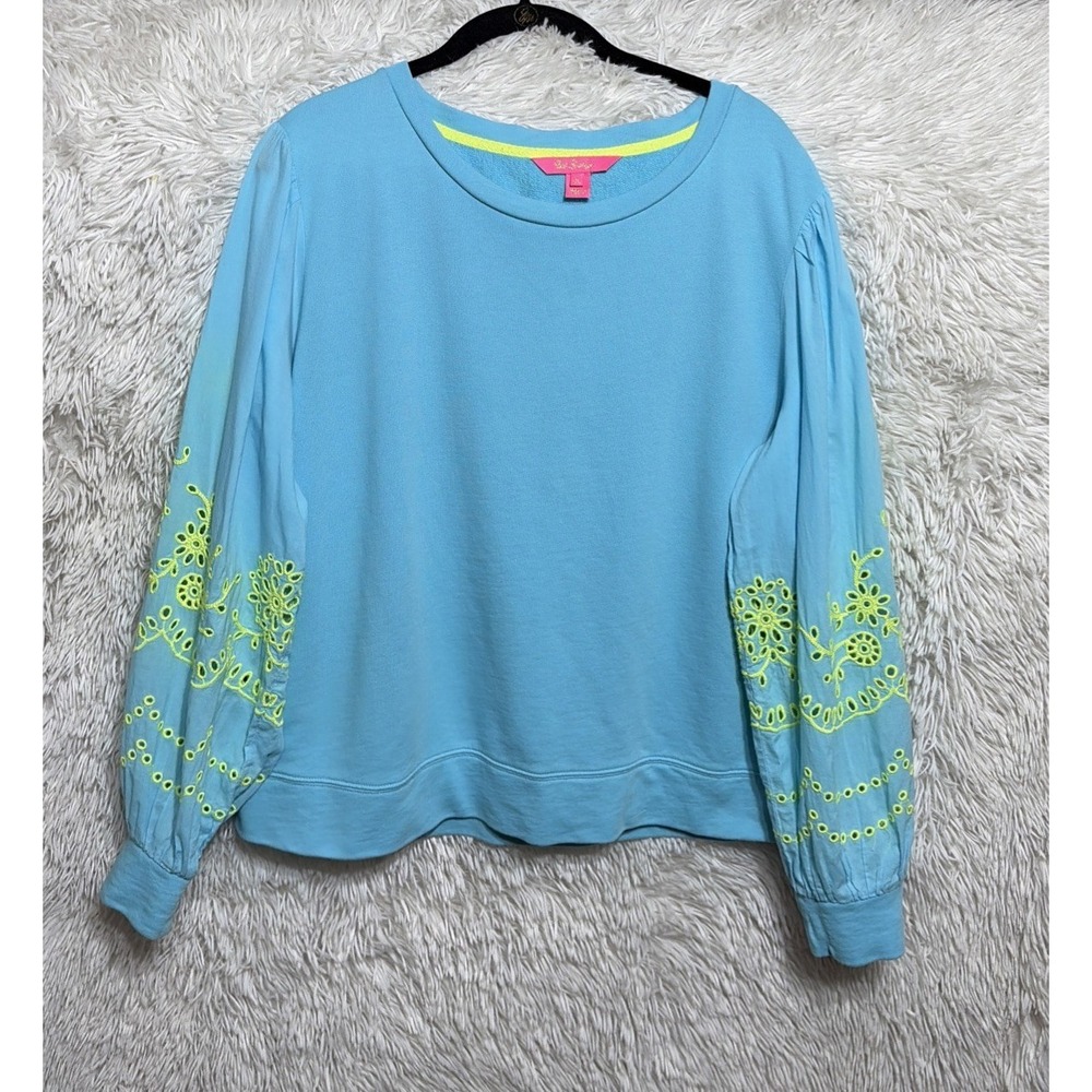 Lilly Pulitzer Top Women's XL Teal Long Sleeve Eyelet Alla Crew Neck Pullover - Picture 3 of 11